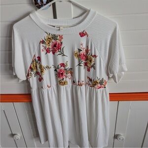 🔥 5/$25 White Floral Babydoll Top Shirt Bohemian Boho Hippie Women’s Size L